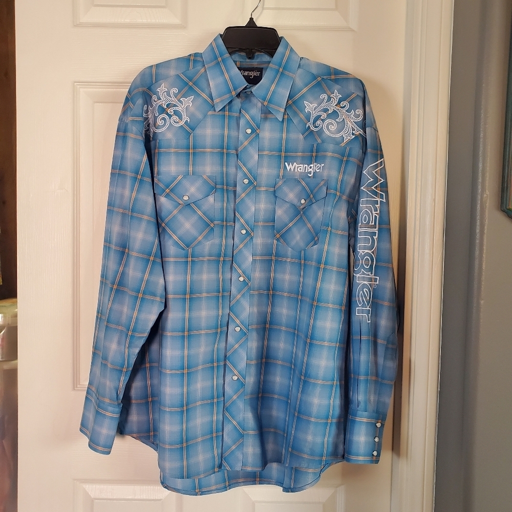 Blue Plaid Western Shirt Embroidered Snap Black Pearl Buttons Cowboy Size Large